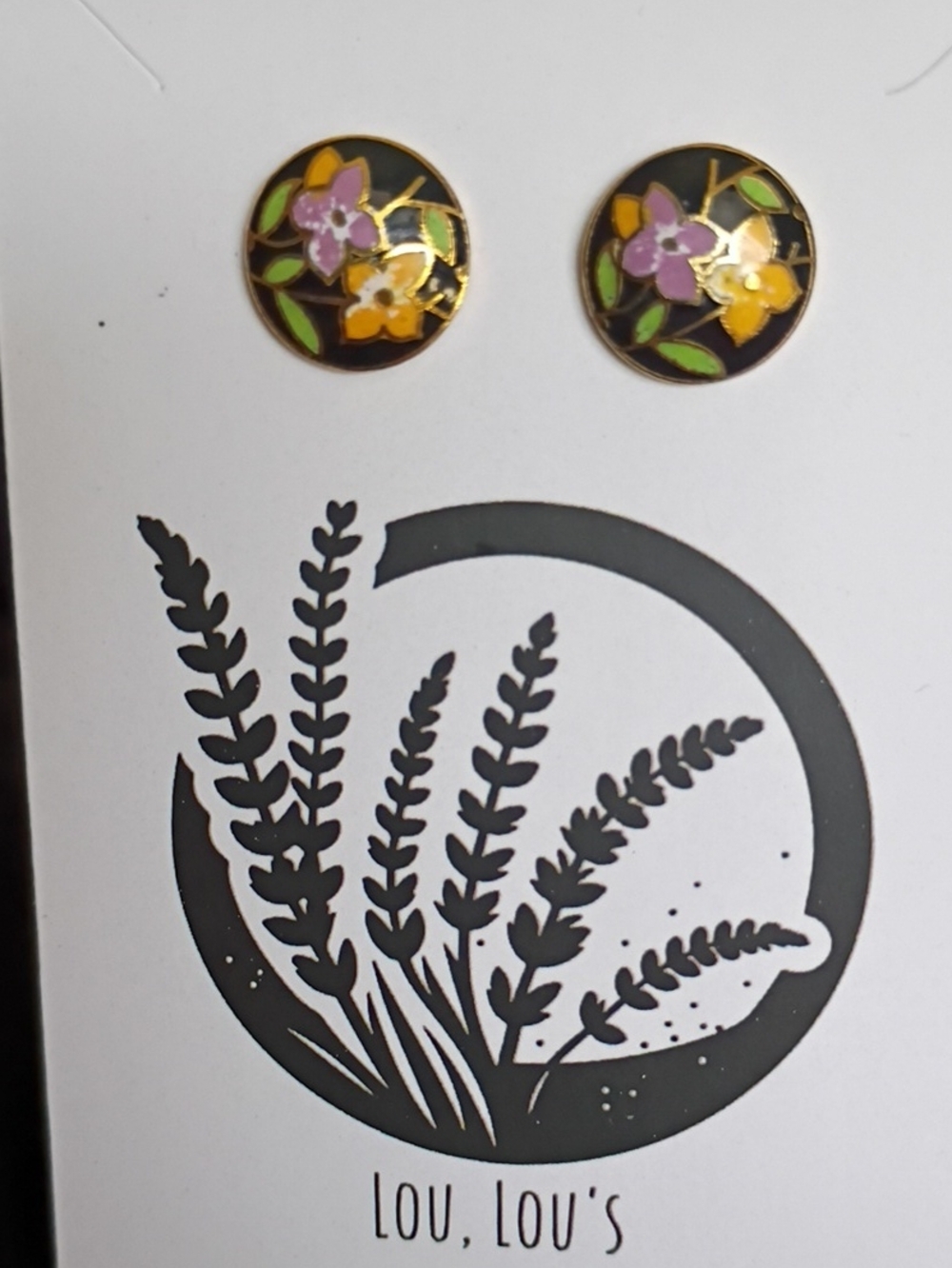 Cloisonné Floral Stud Earrings - Black with Purple & Yellow Flowers